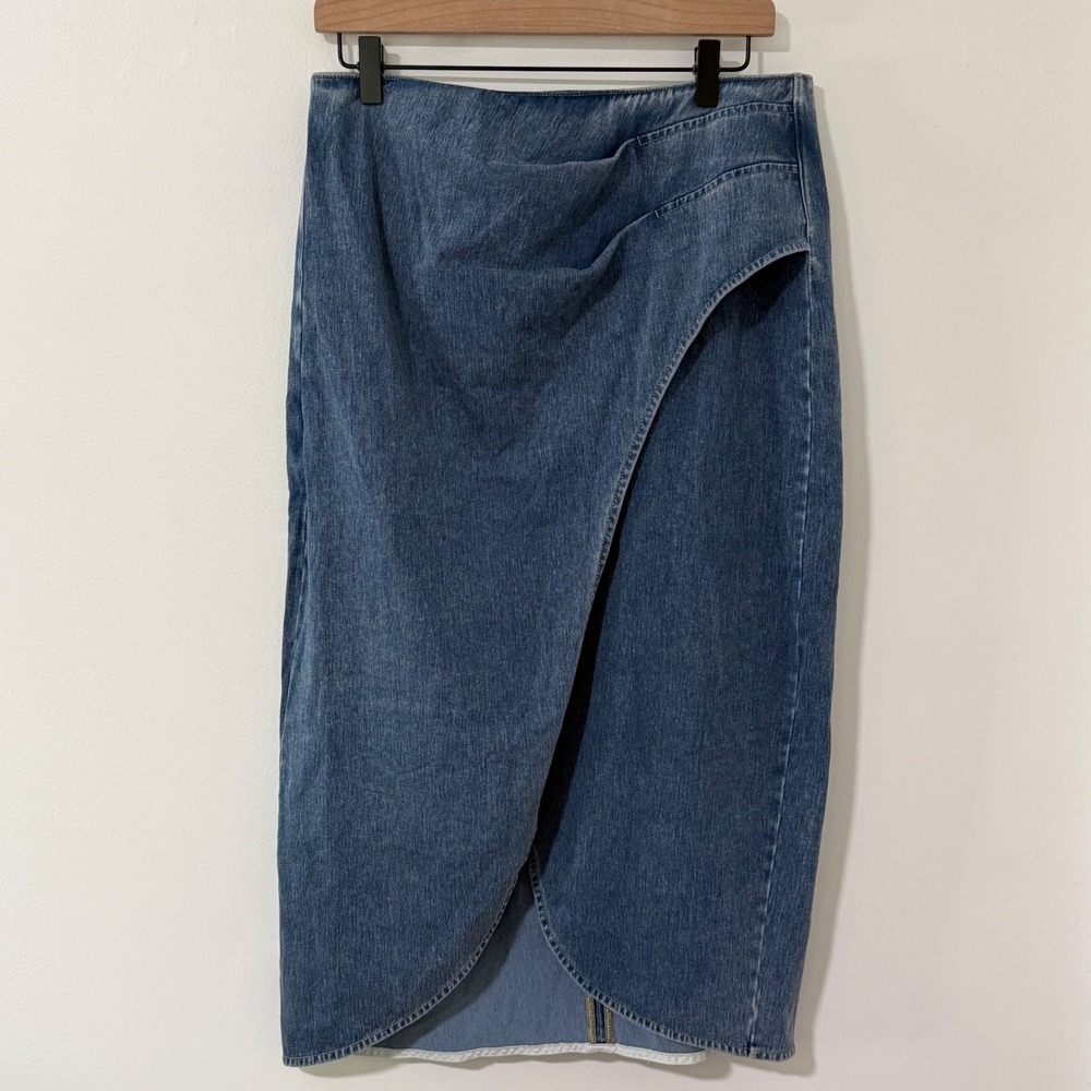 Halara Denim Midi Skirt Womens L High Waist Blue Tulip Hem Stretch Cottagecore